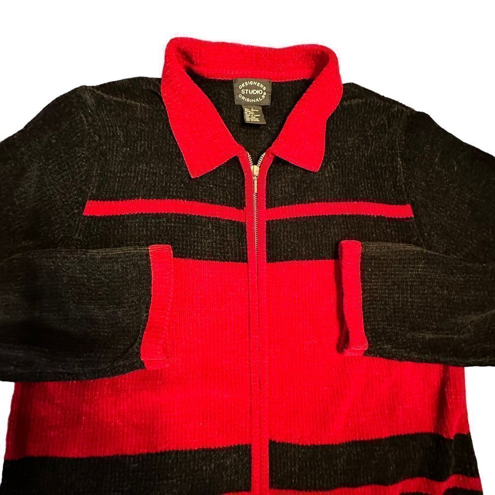 Designers Originals Studio Red and Black Chenille Zip Cardigan